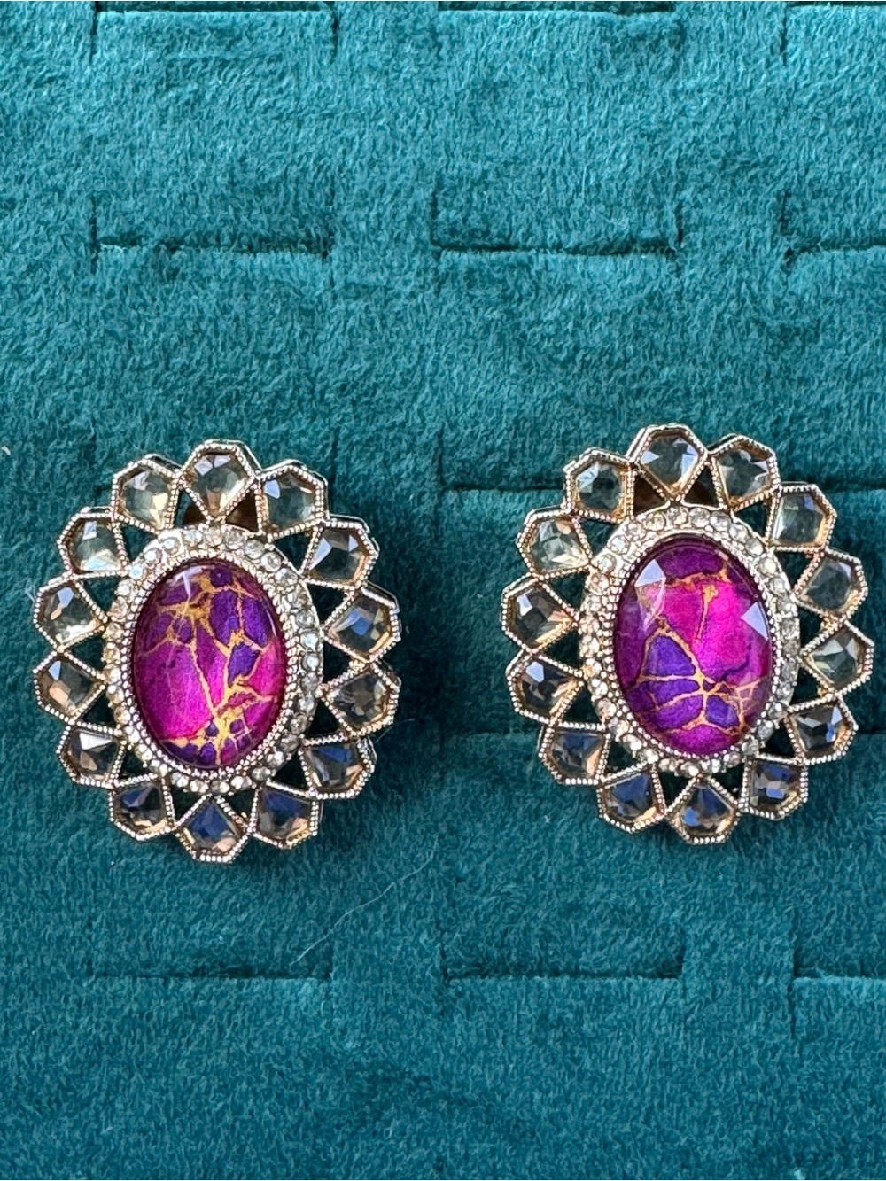 Fashion Jewelry Gold-Tone Floral Halo Earrings with Purple Focal Stones